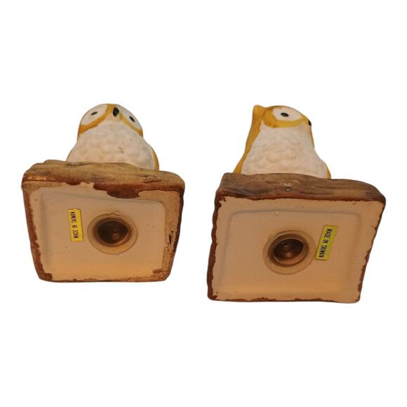 Owl Salt And Pepper Shakers Vintage On A Log Made In Taiwan Ceramic Bird 3" Tall - Picture 6 of 10